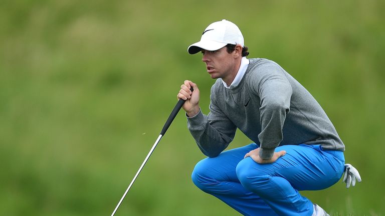 PARIS, FRANCE - JUNE 30:  Rory McIlroy of Northern Ireland lines up a putt during the first round of the 100th Open de France at Le Golf National on June 3