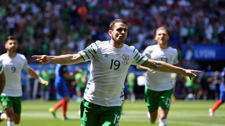 Robbie Brady of Republic of Ireland celebrates scoring the opening goal