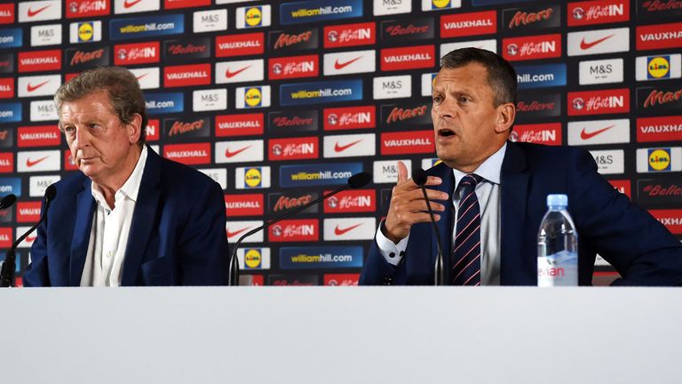 (LtoR) England manager Roy Hodgson and the Football Association's CEO Martin Glenn address a press conference in Chantilly, northern France, on June 28, 20