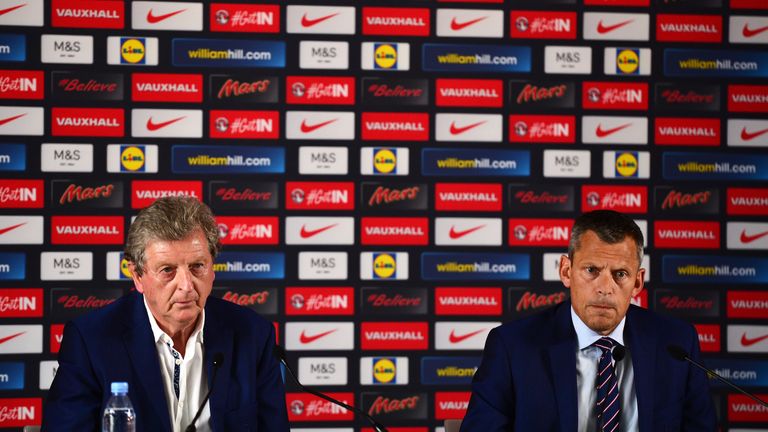 CHANTILLY, FRANCE - JUNE 28:  Roy Hodgson (L) and Martin Glenn (R), CEO of the FA speak during a press conference on June 28, 2016 in Chantilly, France.  (