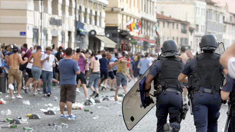 Police chase England fans ahead of England's EURO 2016 match in Marseille