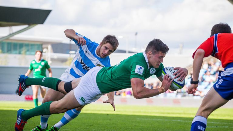 Jacob Stockdale scores Ireland's first try against Argentina in the World Rugby U20 Championship semi-final