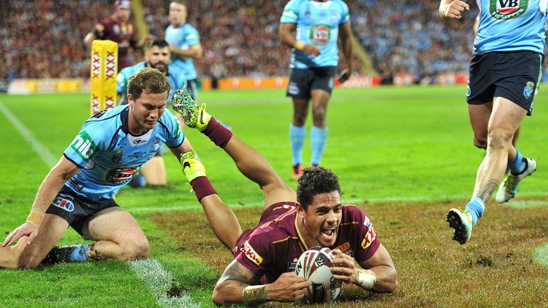 Dane Gagai scores his third try against New South Wales in 2016 State of Origin game two