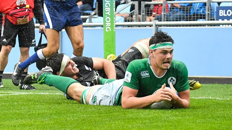 Max Deegan scores a try against New Zealand at the World Rugby U20 Championship