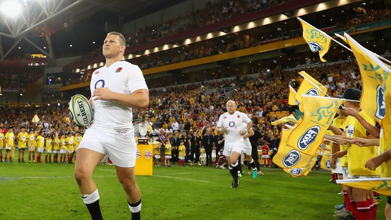 Dylan Hartley of England leads team mates onto the field during the International Test match in Australia