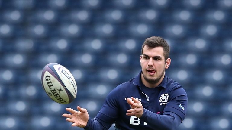 Stuart McInally catches the ball during the Scotland captain's run at Murrayfield Stadium on February 5, 2016