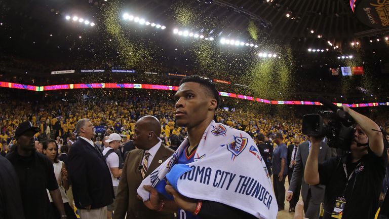 Russell Westbrook #0 of the Oklahoma City Thunder walks off the court after Game Five of the Western Conference Finals against the G