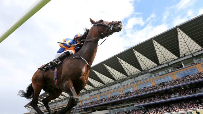 Jockey Ryan Moore, on board Order Of St George, wins the 16.20 Gold Cup In Honour of The Queen's 90th Birthday, during day three of Royal Ascot 2016, at As