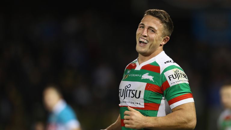 SYDNEY, AUSTRALIA - JUNE 24:  Sam Burgess of the Rabbitohs laughs in frustration during the round 16 NRL match between the Penrith Panthers and the South S