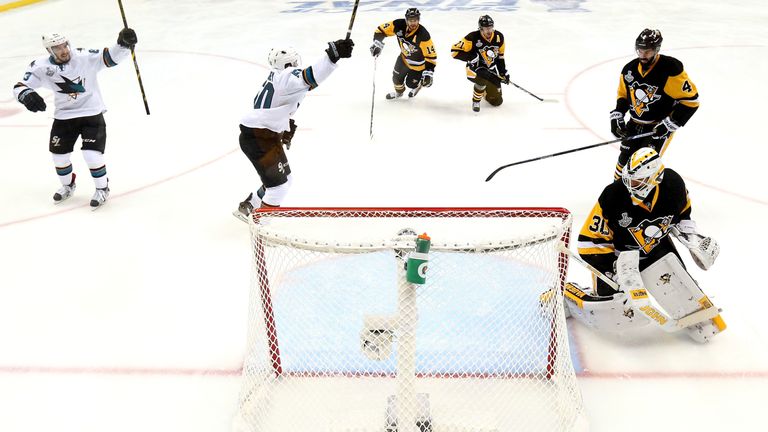 The Sharks celebrate Brent Burns' early goal in Game Five