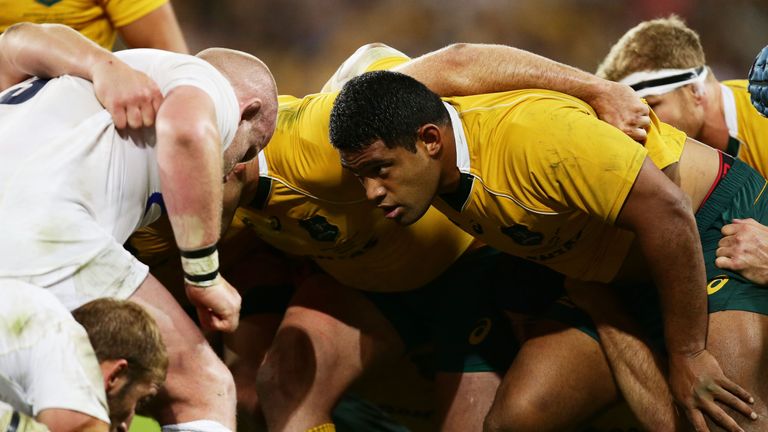 Scott Sio packs into the scrum against Dan Cole during the Test match between the Wallabies and England in Brisbane, 11 June 2016.