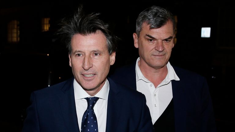 Sebastian Coe (L), head of the International Association of Athletics Federation (IAAF) arrives with Nick Davies, deputy general secretary of the IAAF, for