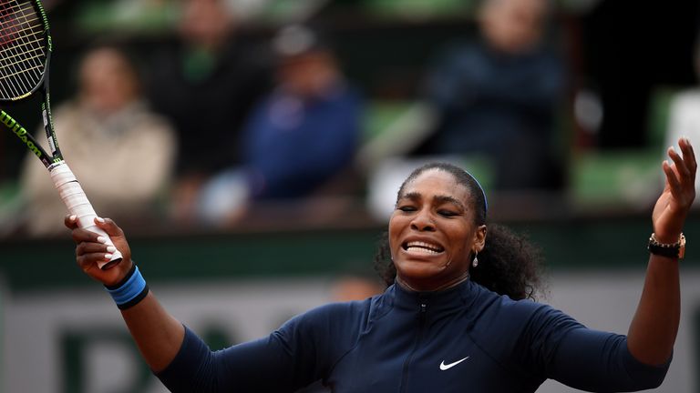 PARIS, FRANCE - JUNE 02:  Serena Williams of the United States reacts during the Ladies Singles quarter final match against Yulia Putintseva of Kazakhstan 