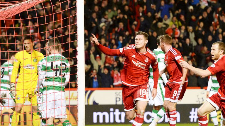 Simon Church (18) celebrates his first goal for Aberdeen against Celtic