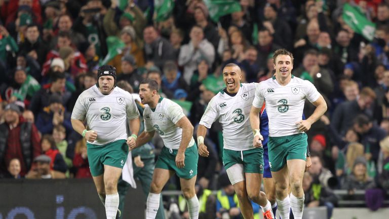 NOVEMBER 08:   Tommy Bowe is congratulated by by Simon Zebo after scoring a try for Ireland during the 2014 Guinness series International