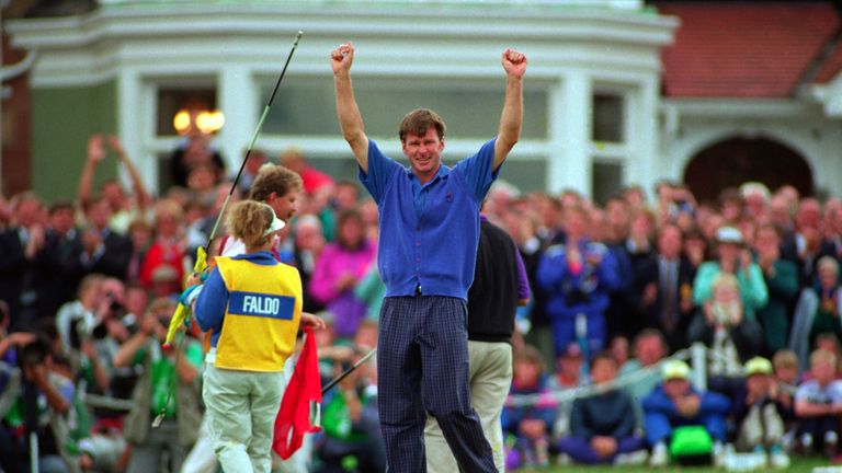 An emotional Faldo celebrates his third Open triumph in 1992