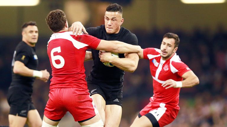 New Zealand's Sonny Bill Williams is tackled during the match against Georgia
