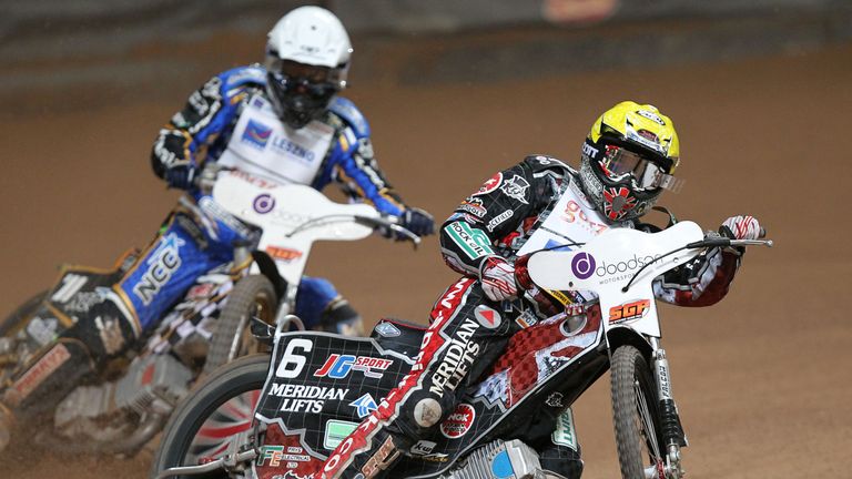 Chris Harris of Great Britain (6) in action during the FIM Doodson British Speedway Grand Prix at Millennium Stadium