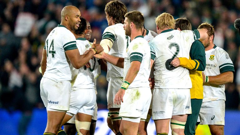 Springboks celebrate a win during the 2nd Test match between South Africa and Ireland at Ellis Park, 18 June 2016