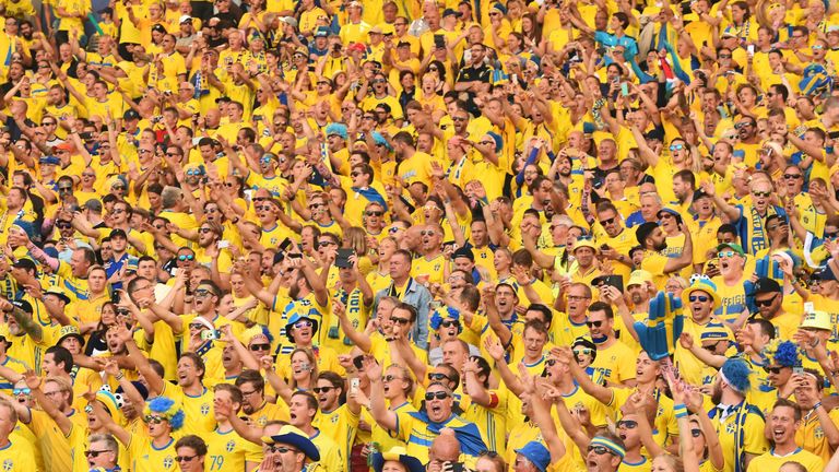 Sweden fans cheer their team as they wait for the start of the Euro 2016 group E football match between Italy and Sweden at the Stadium Municipal in Toulou