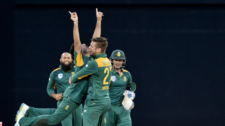 South Africa's Tabraiz Shamsi celebrates dismissing  Australia's Glenn Maxwell