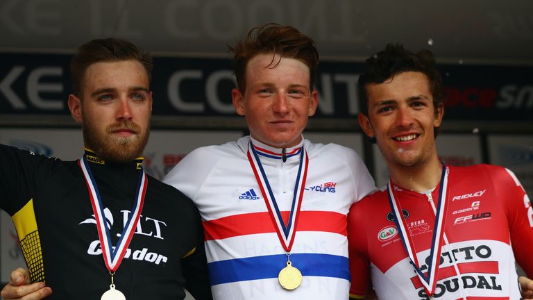 STOCKTON-ON-TEES, ENGLAND - JUNE 26:  (l to r) Christopher Lawless (2) of JLT Condor, Tao Geoghegan Hart (1st) of Axeon Hagens Berman CT and James Shaw (3r