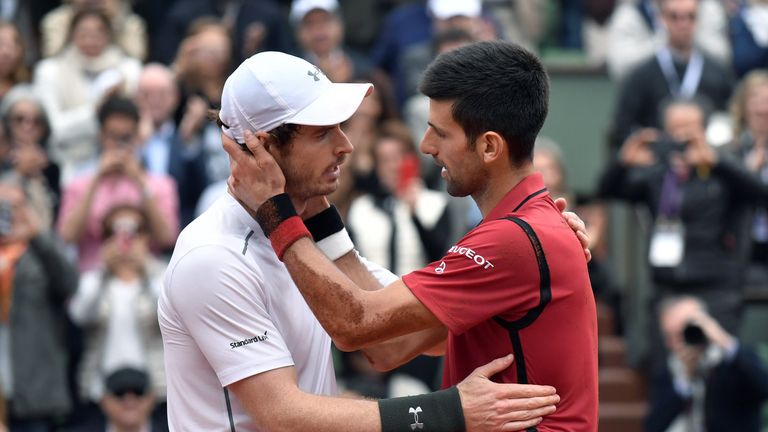 Andy Murray congratulates Novak Djokovic on winning the men's final match at the Roland Garros