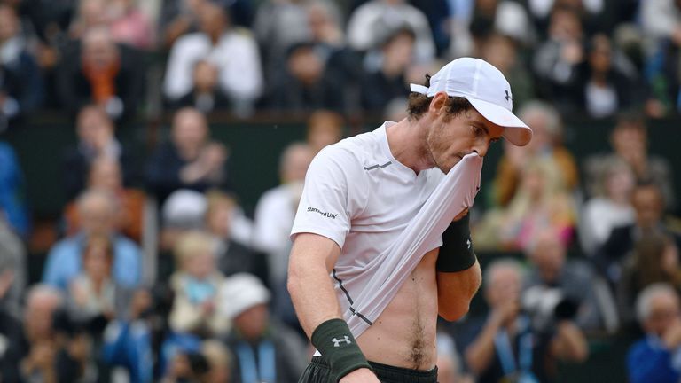 Andy Murray wipes his face during his men's final match against Serbia's Novak Djokovic at Roland Garros