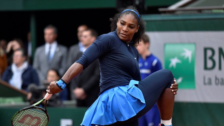 Serena Williams gestures during her women's semi-final match against Kiki Bertens at the French Open