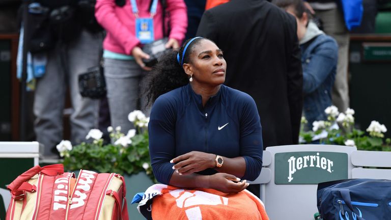 Serena Williams looks on after losing her women's final match against Garbine Muguruza at Roland Garros