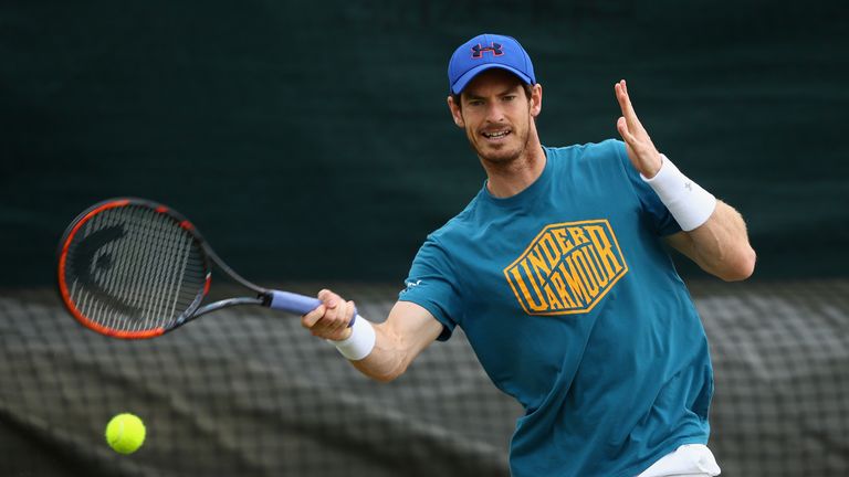 Andy Murray  in action during a practice session prior to the Wimbledon Lawn Tennis Championships