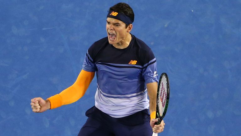 Milos Raonic celebrate winning match point in his quarter final match against Gael Monfils