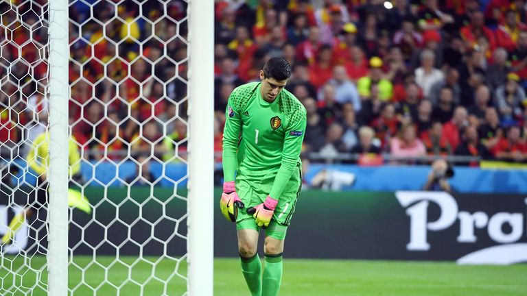 Courtois reacts after conceding the first goal in Lyon