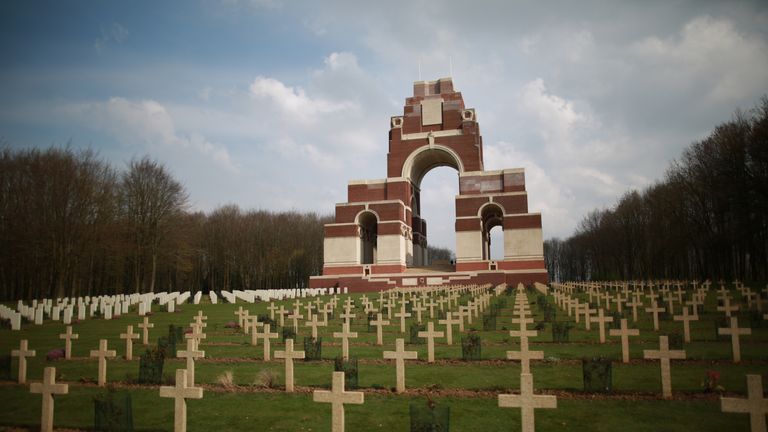THIEPVAL, FRANCE - MARCH 27:  Commonwealth (L) and French (R) graves are marked out in front of the Thiepval Memorial to the Missing of the Somme on March 