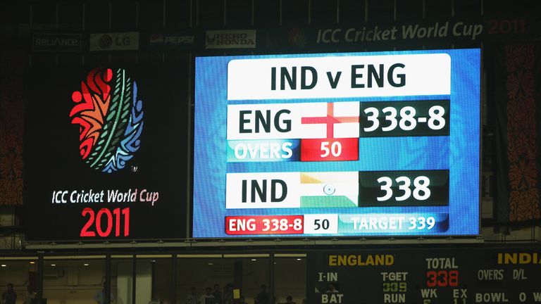 The scoreboard at the end of the match shows the scores tied during the 2011 ICC World Cup Group B match between India and England