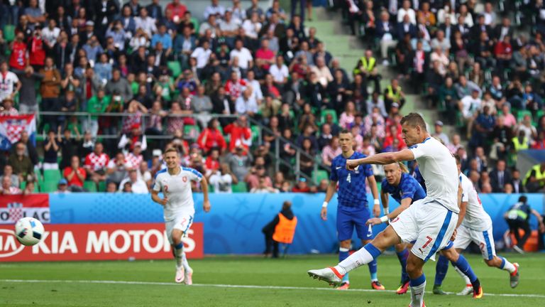 Tomas Necid of Czech Republic scores from the penalty spot 