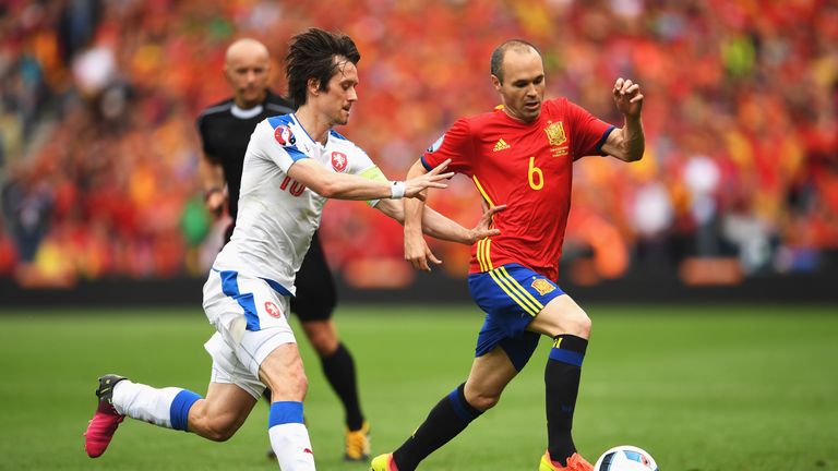 Andres Iniesta bursts away from midfielder Tomas Rosicky in Spain's 1-0 Euro 2016 win over the Czech Republic