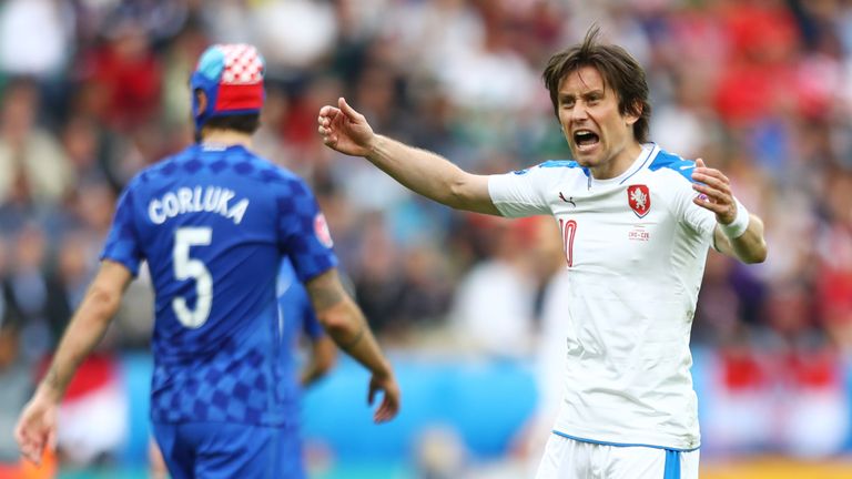 Tomas Rosicky of Czech Republic celebrates after his side score their first goal through Milan Skoda during the UEFA EURO 2016 Group D match v Croatia