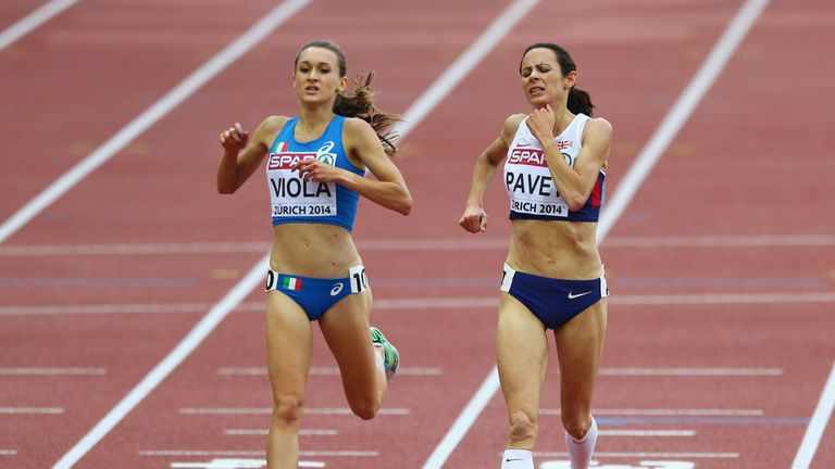 ZURICH, SWITZERLAND - AUGUST 16:  Jo Pavey of Great Britain and Northern Ireland and Giulia Viola of Italy react after the Women's 5000 metres final during