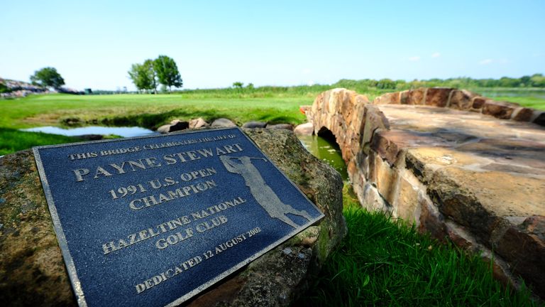 CHASKA, MN - AUGUST 11:  A plaque indicates that a bridge was named in honor of 1991 U.S. Open Champion Payne Stewart as seen on the course during the seco