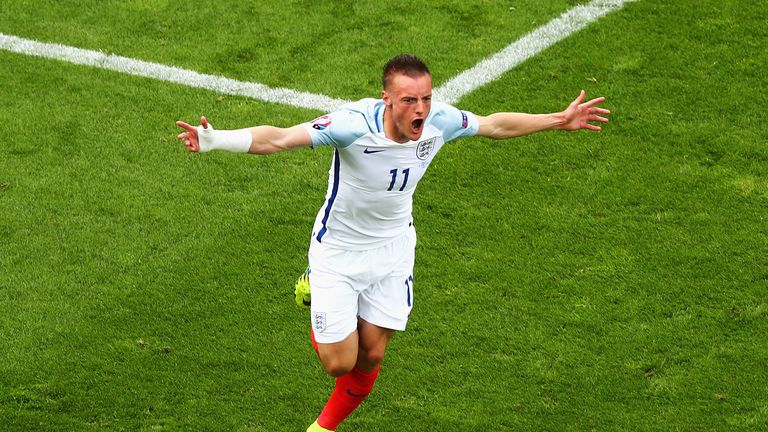 Jamie Vardy of England celebrates scoring England's first goal during the UEFA EURO 2016 Group B match between England and Wales a