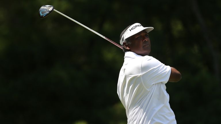 Vijay Singh of Fiji plays a shot from the third tee during the third round of the Quicken Loans National at Congressional Country Club