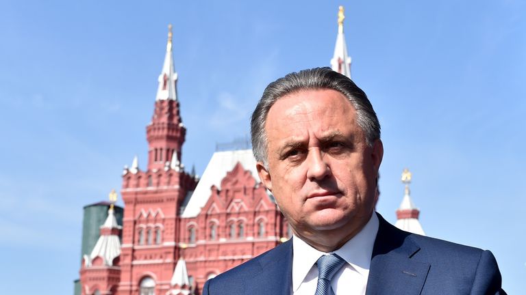 Russian Sports Minister Vitaly Mutko attends a ceremony to mark the 1000-day countdown to the 2018 FIFA World Cup at Red Square in Moscow (18.9.15)