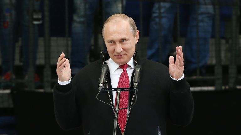 Russian President Vladimir Putin speaks during the award ceremony of the 2016 IIHF World Championship gold medal game