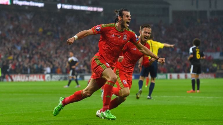 Wales player Gareth Bale celebrates after scoring the opening goal during the UEFA EURO Group B 2016 Qualifier between Wales and