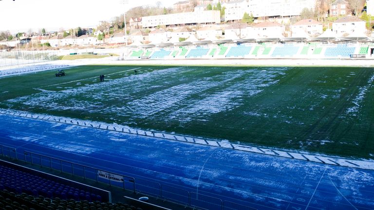 The Scotstoun pitch is cleared of the snow ahead of Glasgow Warriors match with Castres.