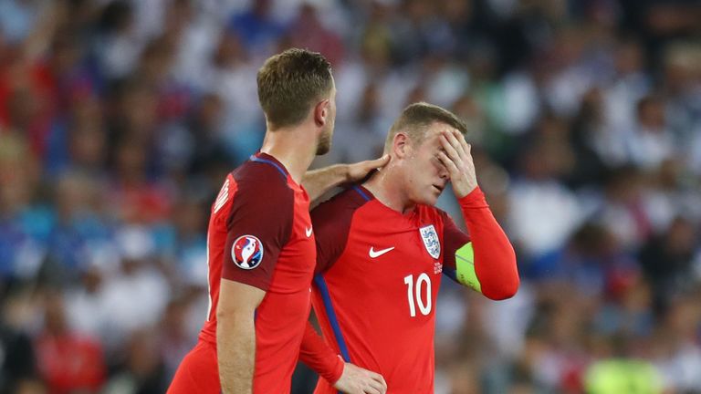 SAINT-ETIENNE, FRANCE - JUNE 20: Wayne Rooney (R) and Jordan Henderson (L) of England are seen during the UEFA EURO 2016 Group B match between Slovakia and