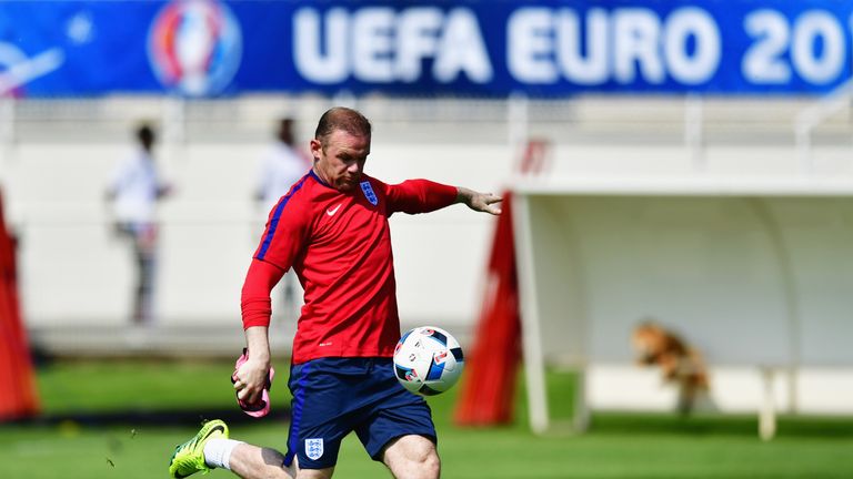 Wayne Rooney shoots during an England training session ahead of Euro 2016