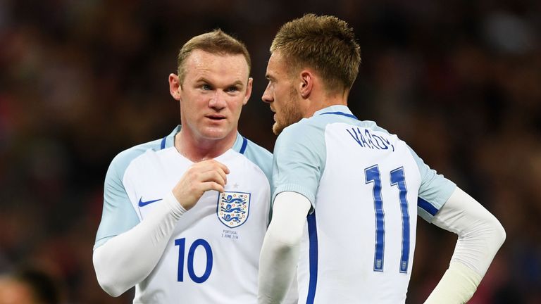 LONDON, ENGLAND - JUNE 02:  Wayne Rooney (L) and Jamie Vardy (R) of England speak during the international friendly match between England and Portugal at W