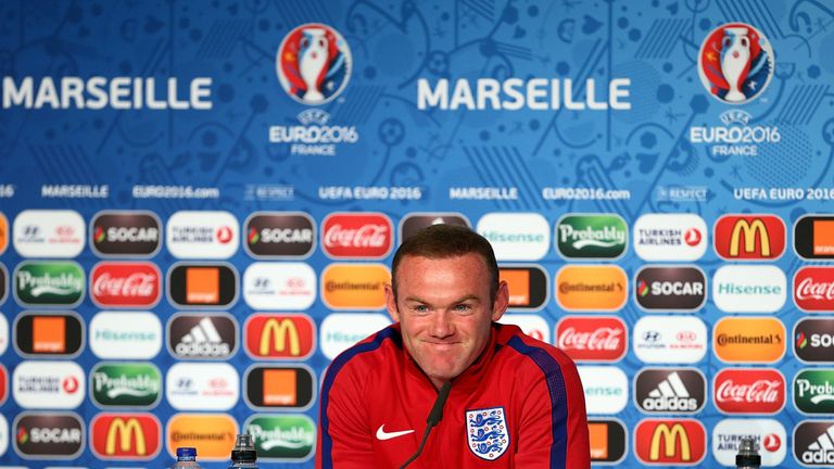 MARSEILLE, FRANCE - JUNE 10:  In this handout image provided by UEFA, Wayne Rooney, captain of England faces the media during the England Press Conference 
